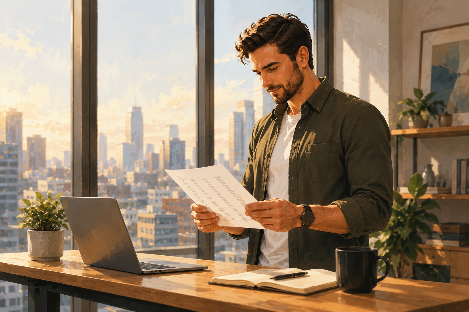 Person standing at a tall desk reviewing a printed list of names, floor-to-ceiling windows with city view behind them