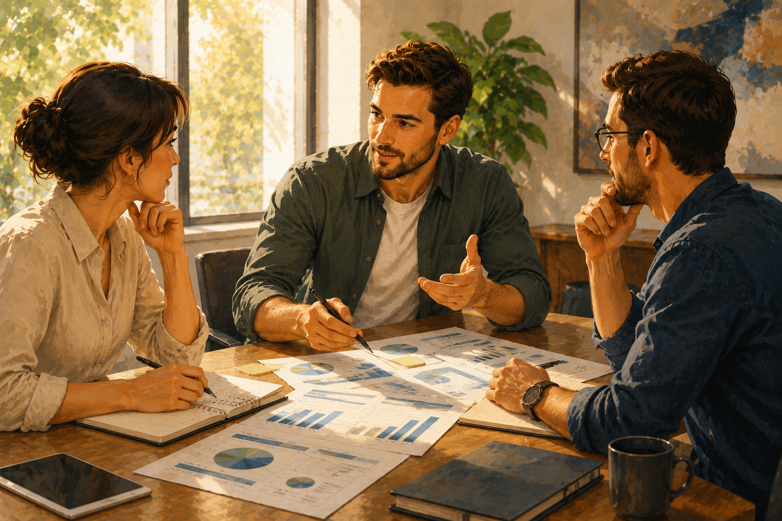 Group of three people seated around a conference table with printed materials spread out, one person presenting while others listen