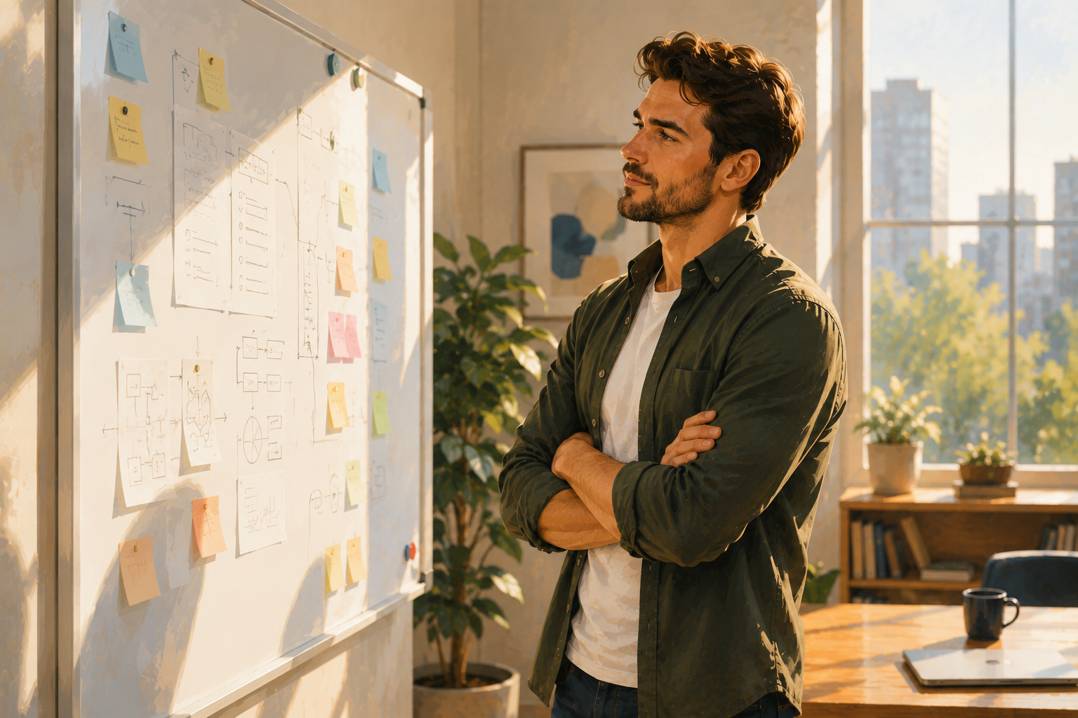 Person standing near a large whiteboard in a bright office, arms crossed, looking thoughtfully at notes posted on the board