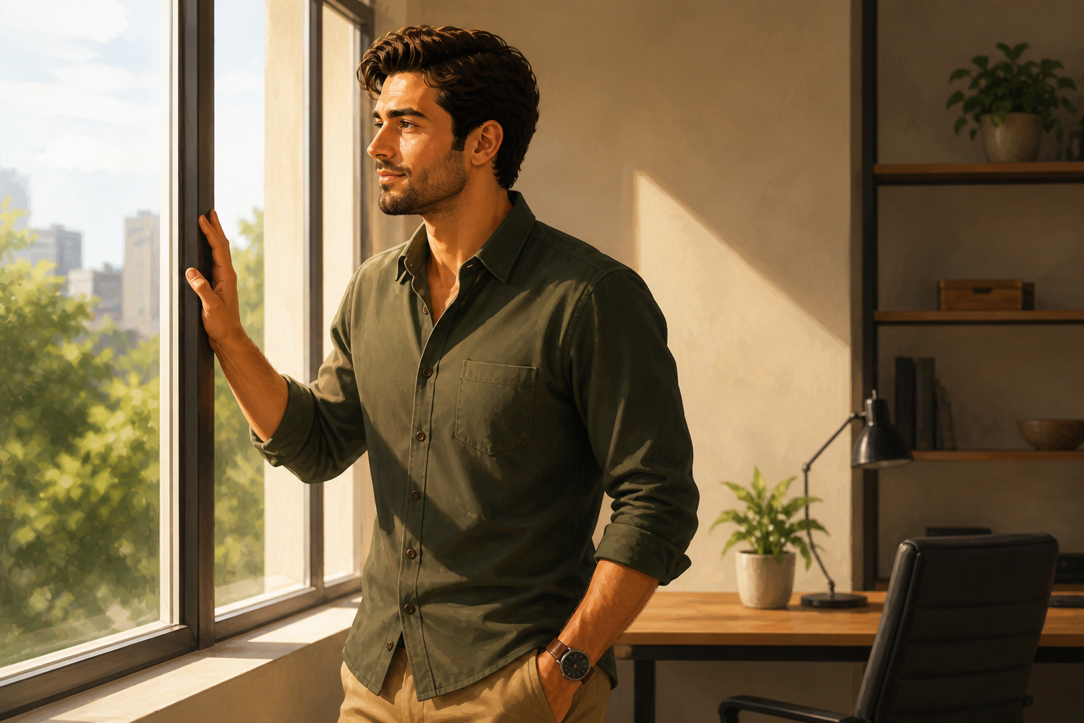 Person standing at a window in a bright office, looking out thoughtfully, one hand resting on the frame