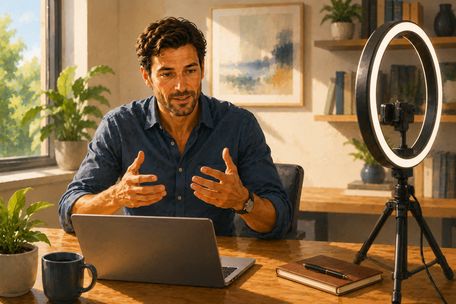 Person seated in a bright home office recording a short training video, laptop open, ring light to the side, relaxed and focused posture, afternoon light