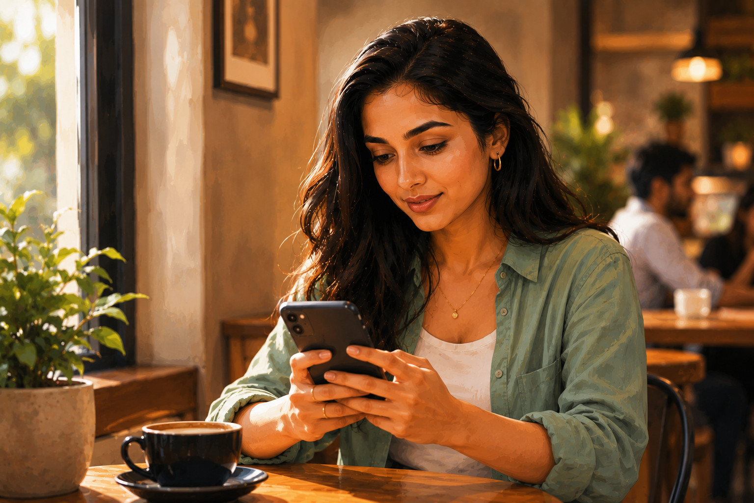 Person composing a message on their phone at a cafe table, relaxed posture, focused expression