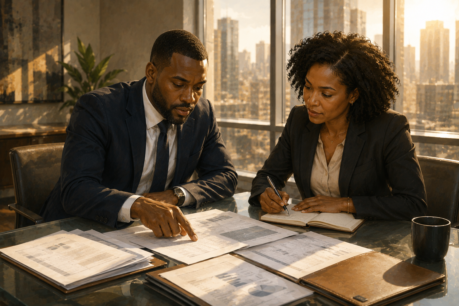 Two colleagues reviewing printed reports spread across a glass-topped meeting table, one pointing to a specific line item, afternoon light through floor-to-ceiling windows behind them