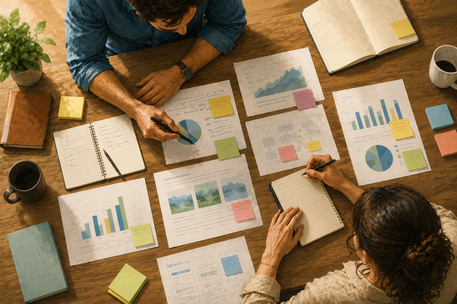 Overhead view of a large desk with printed documents, sticky notes, and open notebooks spread out, two sets of hands visible, collaborative planning session in progress