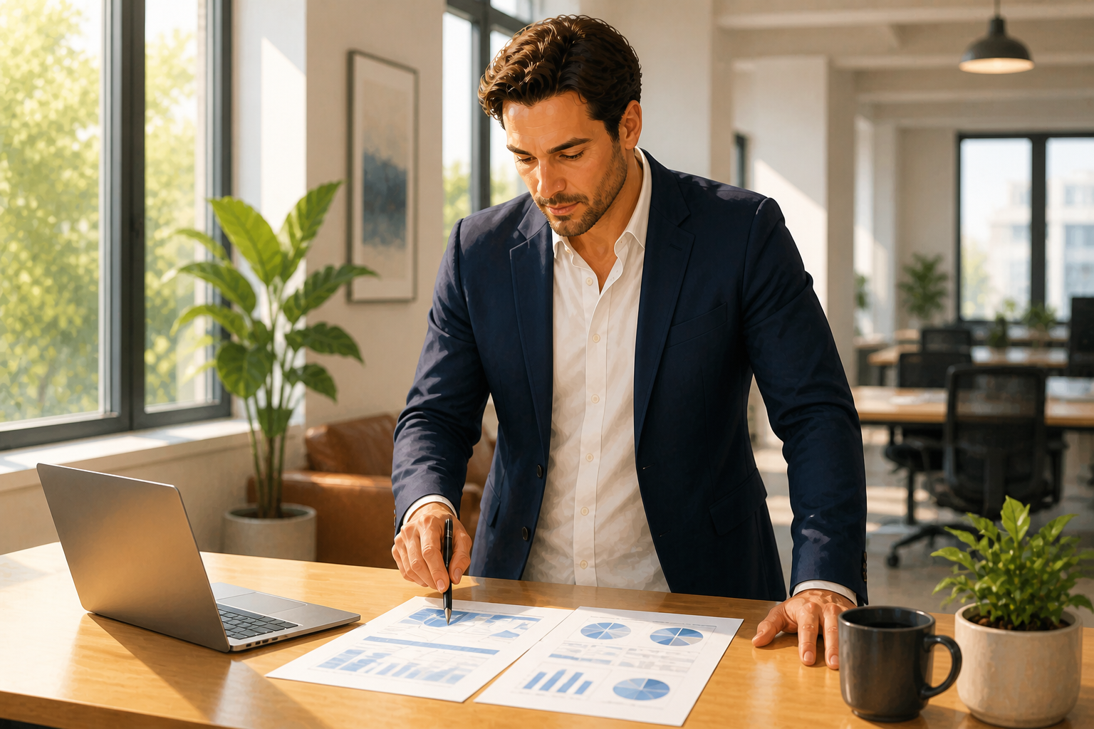 Business owner reviewing affiliate program reports at a standing desk in a bright modern office, focused expression, morning light