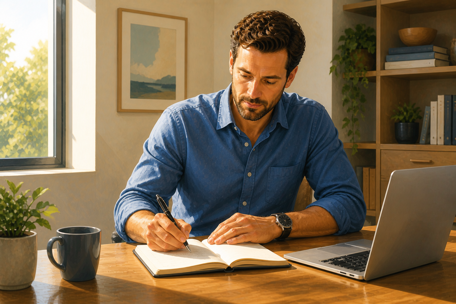 Business owner at a desk writing notes in a journal with a laptop open nearby