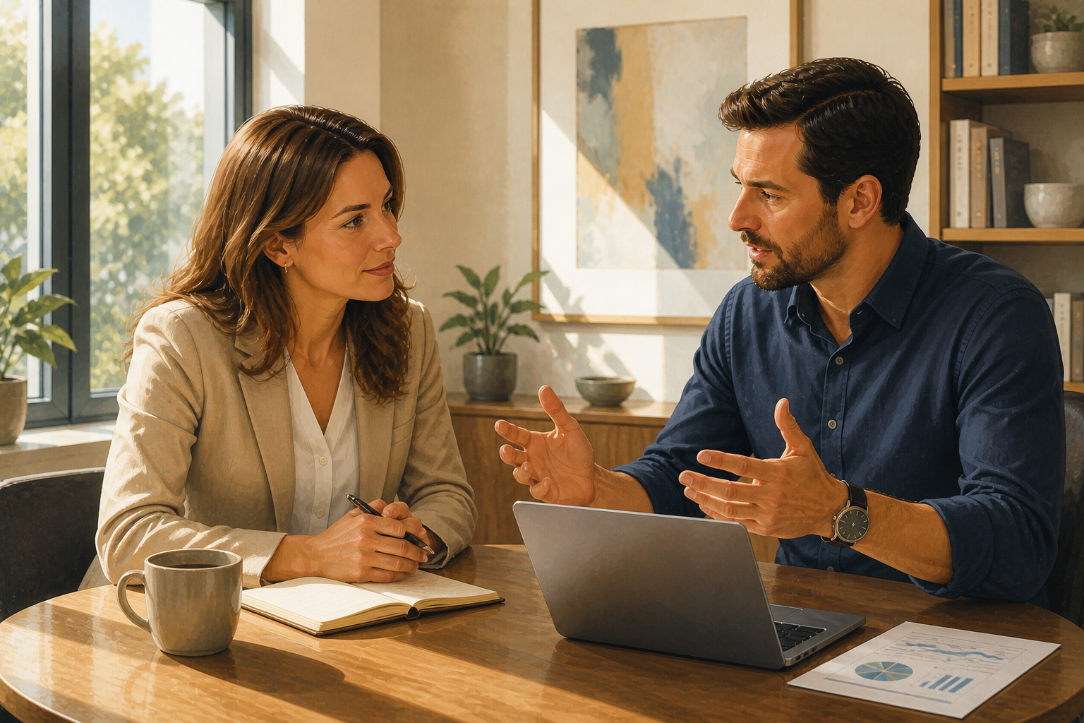 Business owner and colleague having a focused conversation at a bright modern office table