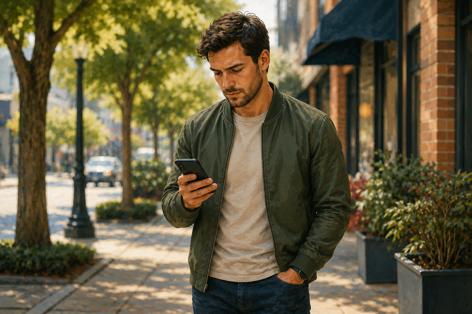 Person standing on a sidewalk looking at their phone thoughtfully, mid-decision moment