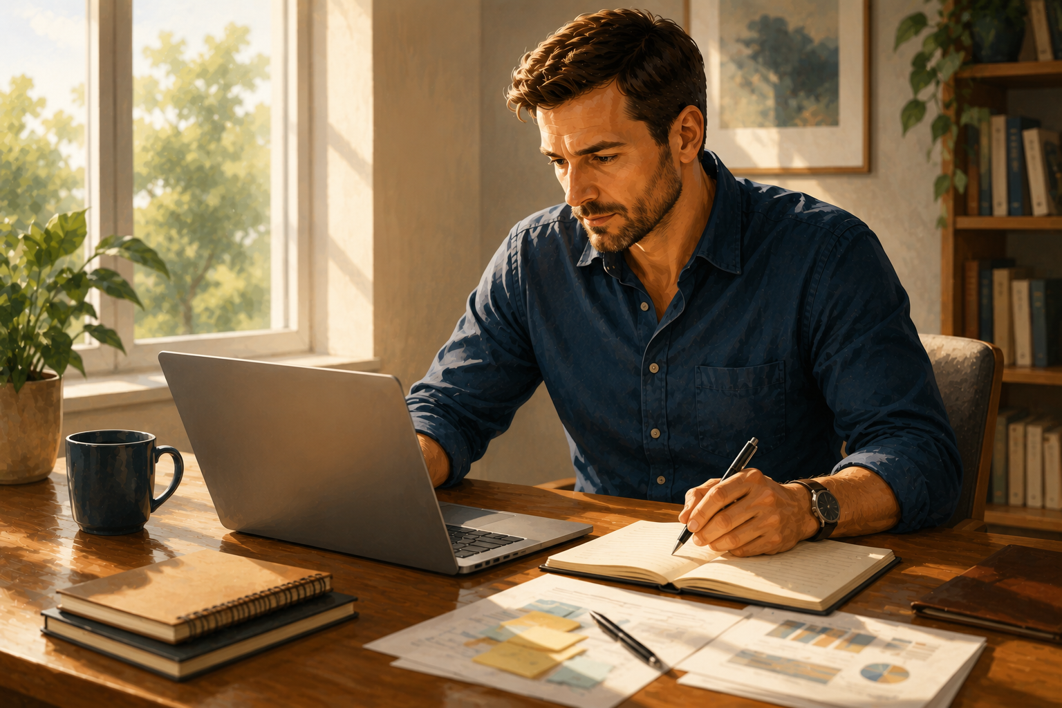 Person at a home office desk doing research on a laptop, notes spread out beside them, warm afternoon light through a window