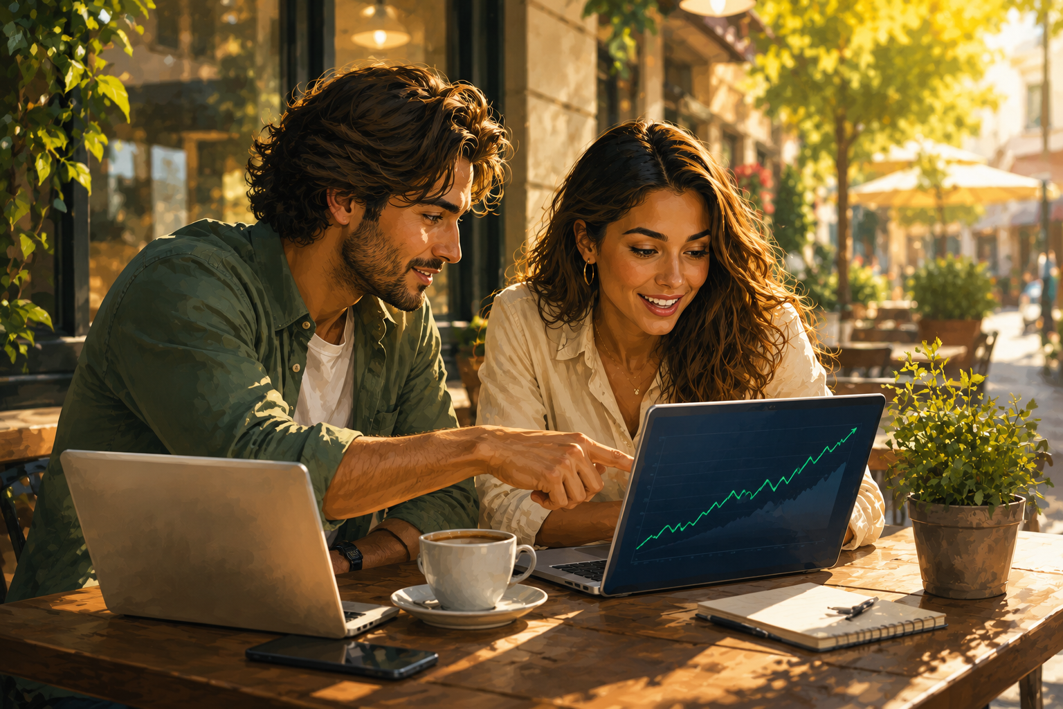 Two people talking over laptops at a sunlit outdoor cafe, both engaged and looking at each other's screens with upward-trending analytics visible