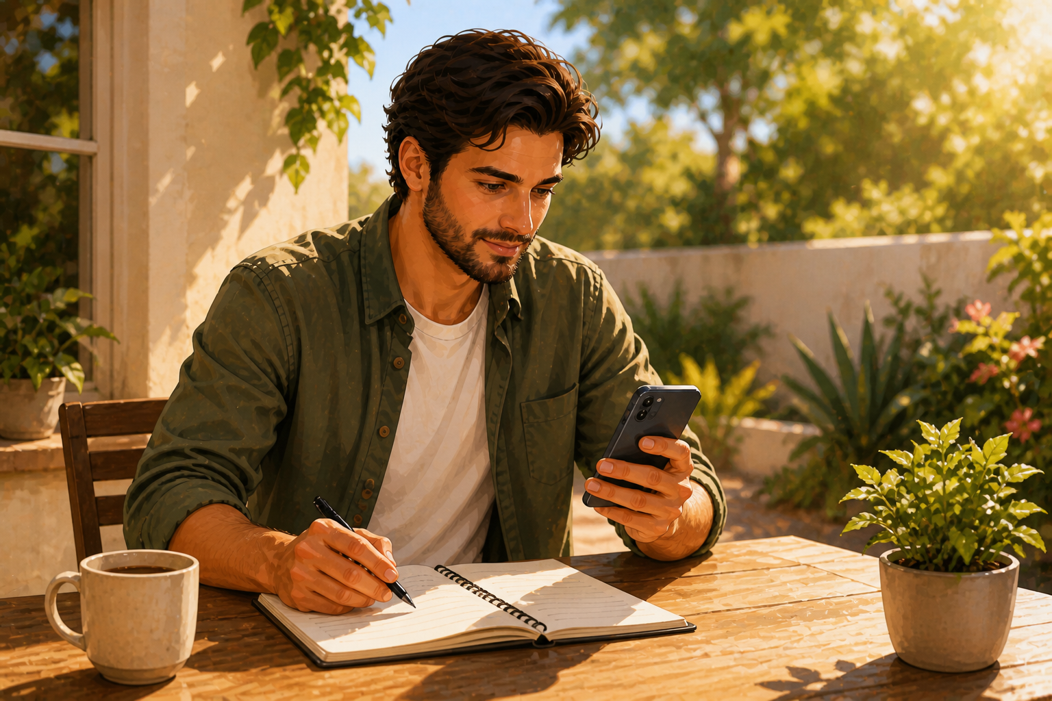 Person outdoors at a patio table, phone in hand, reviewing content ideas in a notebook beside it, warm afternoon sunlight