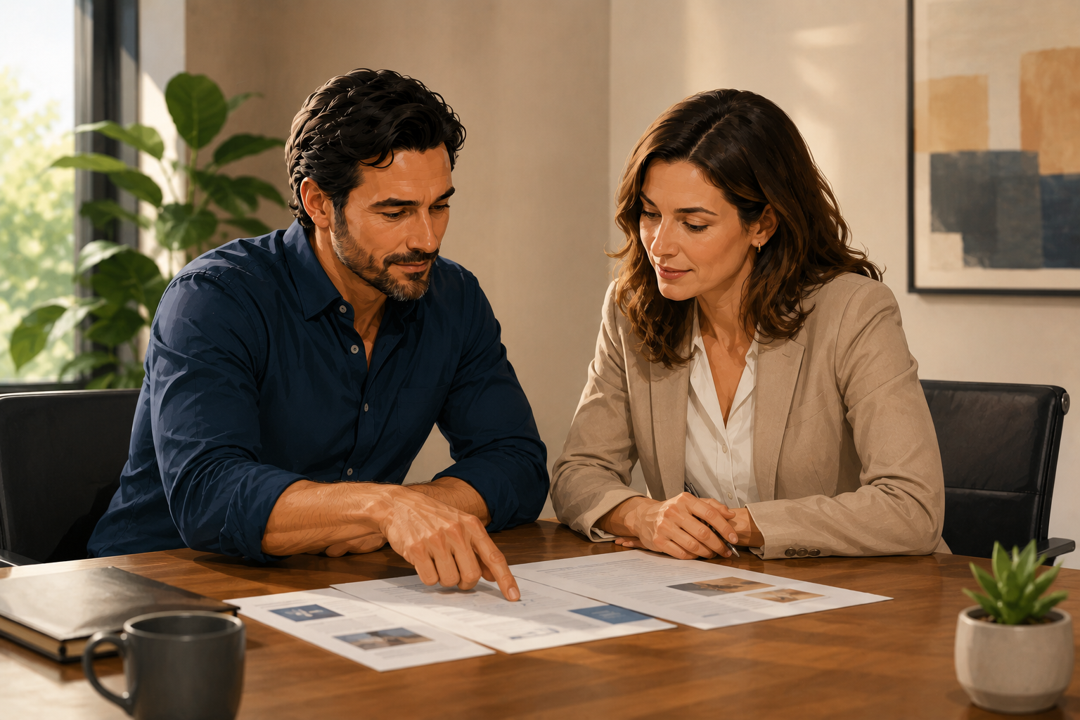 Two colleagues reviewing printed materials together at a bright conference table, one pointing to a specific section, both engaged