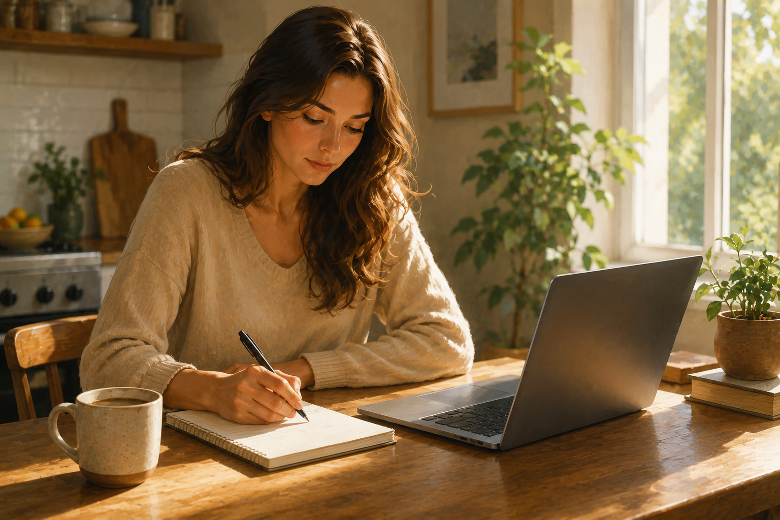 Person at a kitchen table writing on a notepad with a laptop open, relaxed creative posture, morning light, coffee nearby