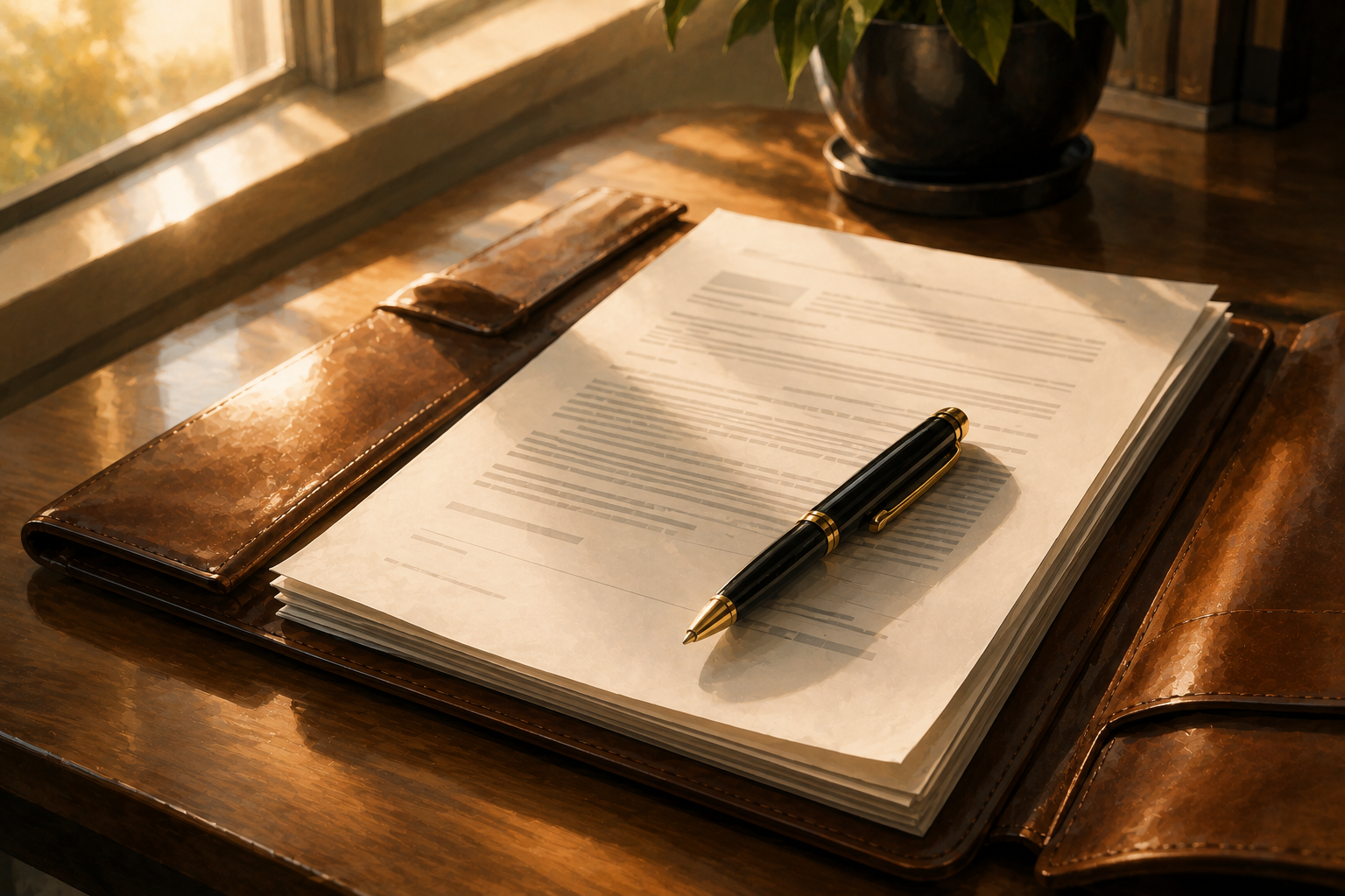 Legal documents folder open on a desk with a pen resting on a printed affiliate agreement, warm morning light from a side window