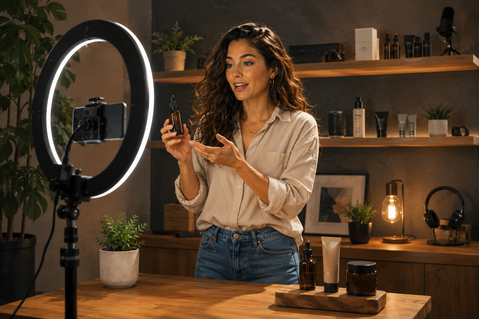 Person in a home studio setup filming a product review, ring light on, multiple products arranged on shelves behind them