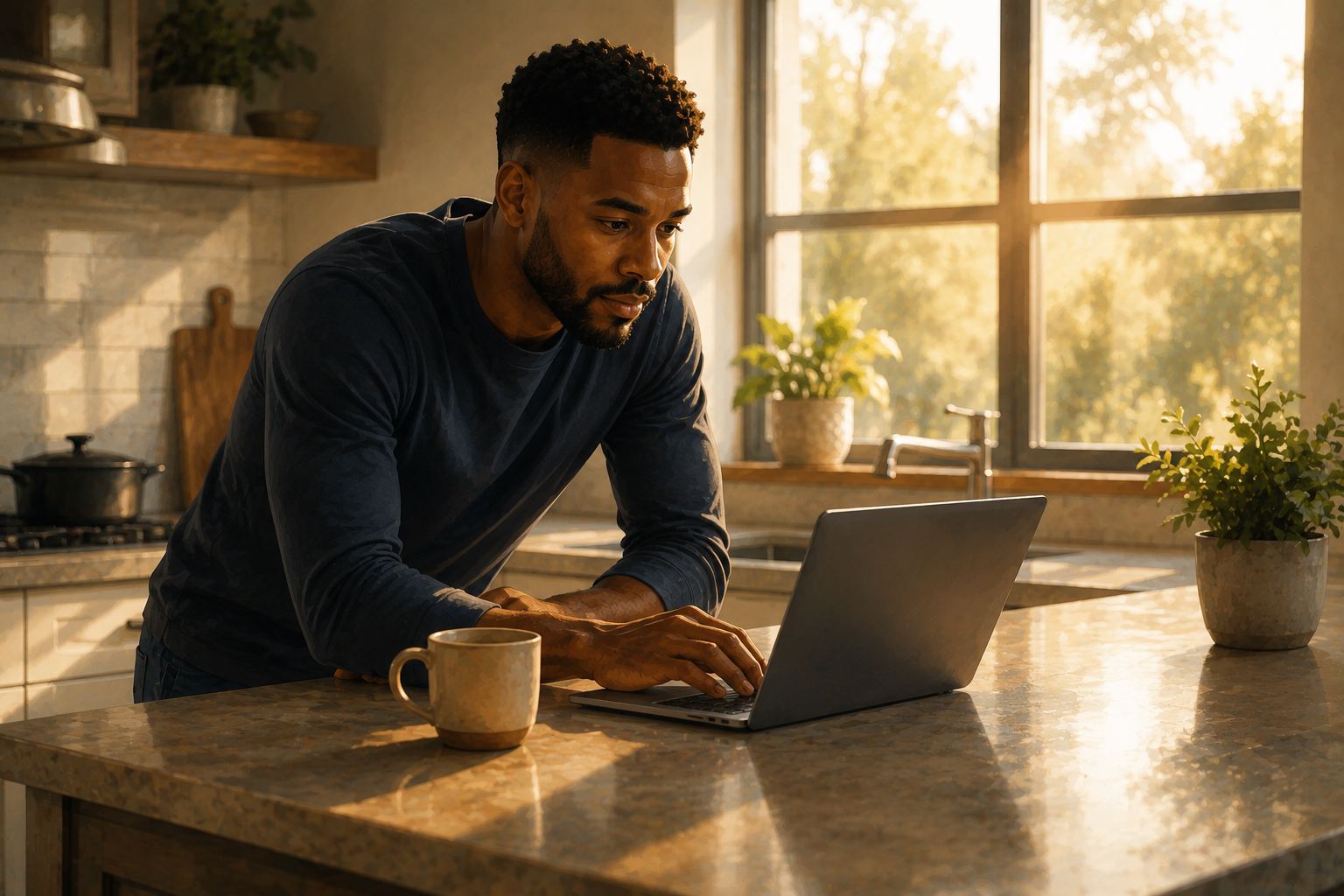 Affiliate manager with a coffee mug leaning over a laptop on a kitchen counter, scrolling through a report in early morning light