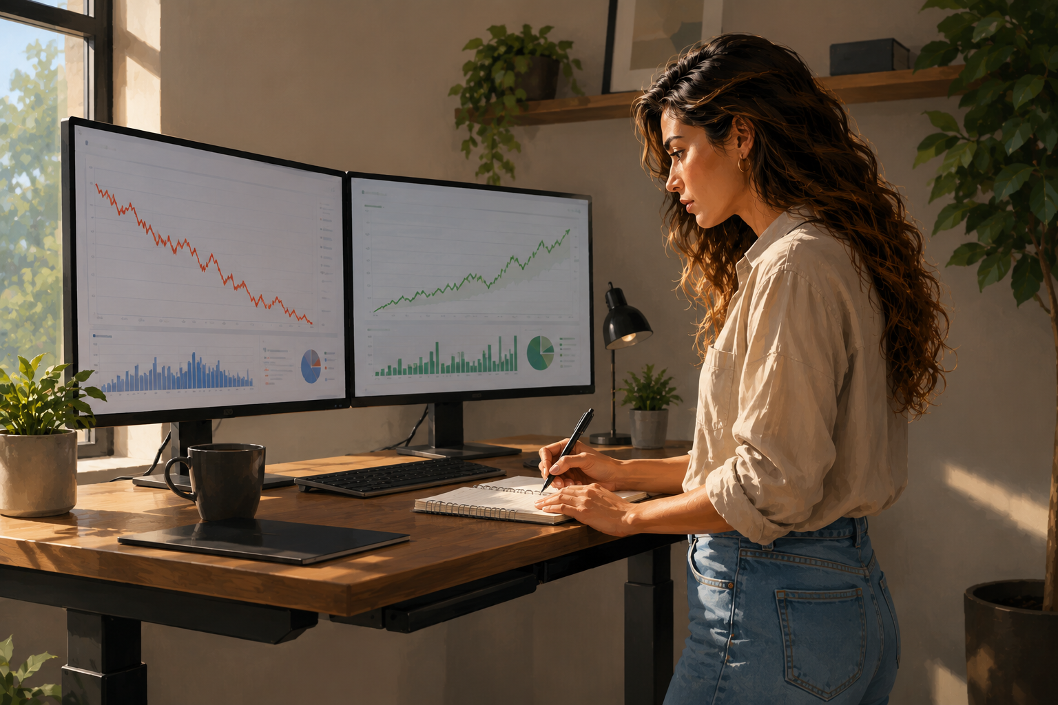 Person at a standing desk looking at two monitors showing analytics dashboards, writing notes in a notebook with a focused expression