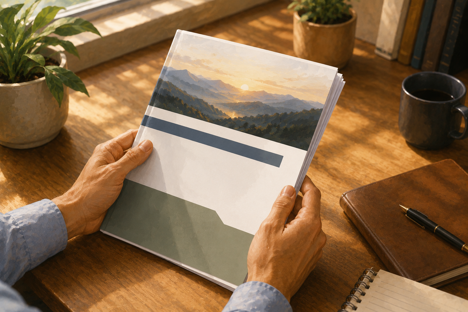 Close-up of hands holding a printed affiliate resource packet at a clean wooden desk, warm window light, organized and purposeful composition, no face visible