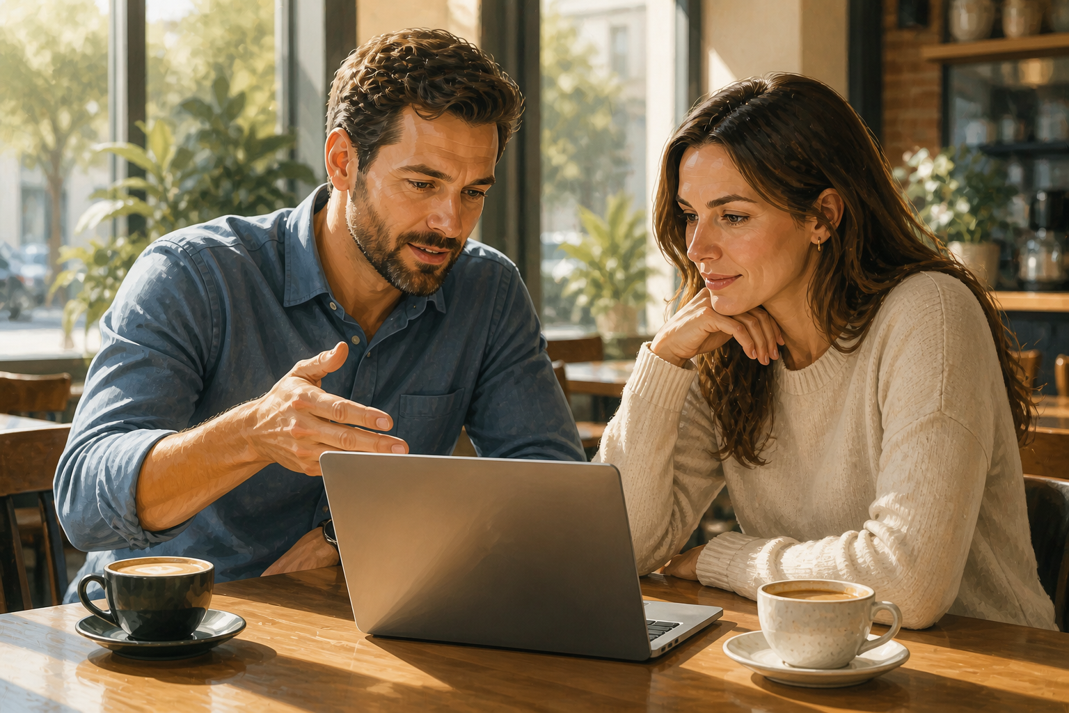 Two colleagues at a coffee shop discussing marketing strategy on a laptop