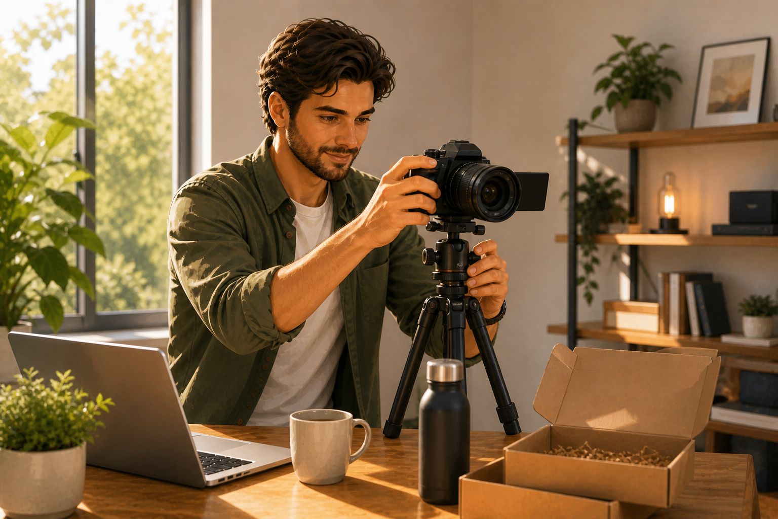 Person in a home office setting up a camera on a tripod for a product review video, natural light from a large window, relaxed setup