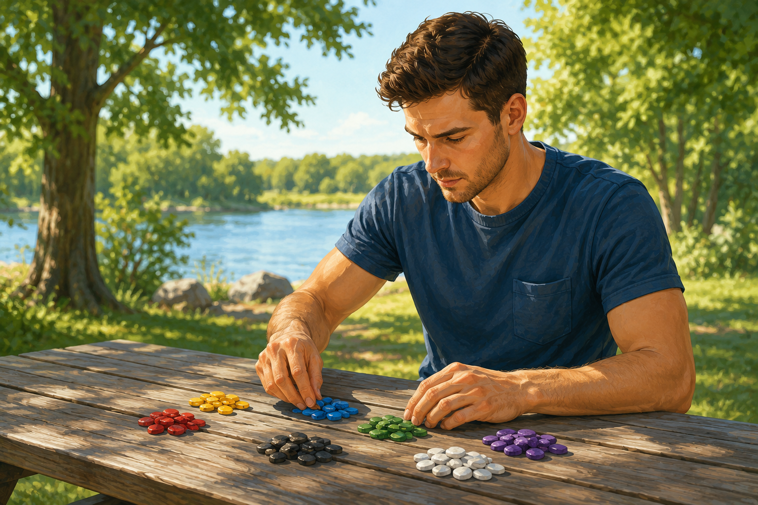 Outdoor scene of a person sorting colored objects into groups on a picnic table