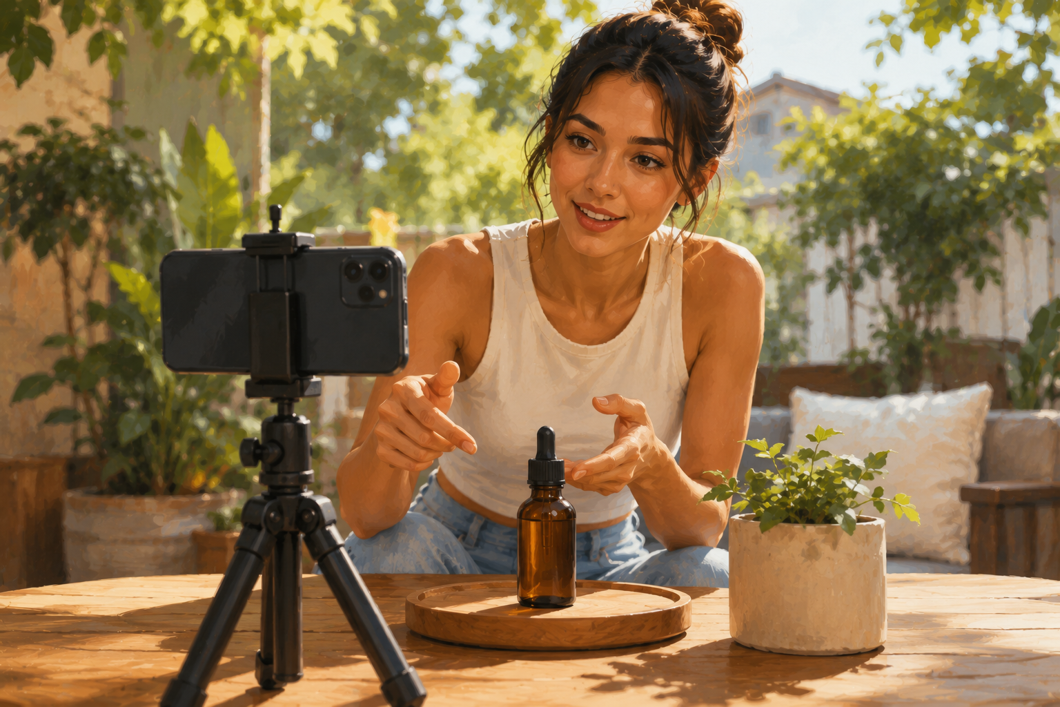 Creator filming themselves demonstrating a product outdoors, phone on tripod, genuine natural light setting