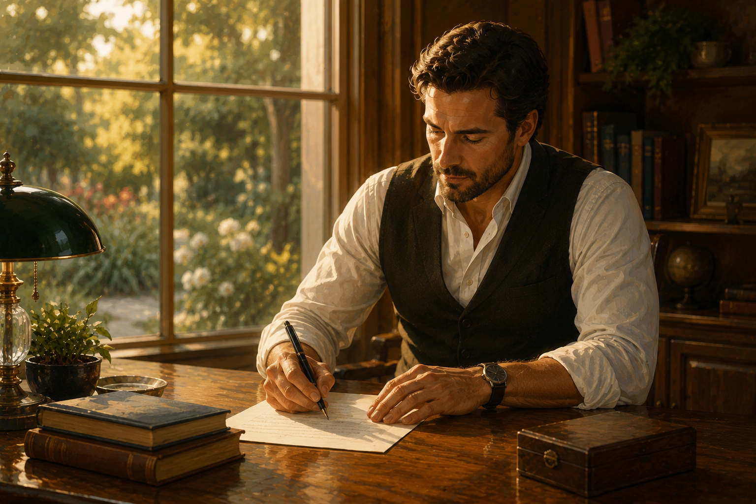 Person at a wooden desk writing a letter, a window behind them showing a garden in afternoon light