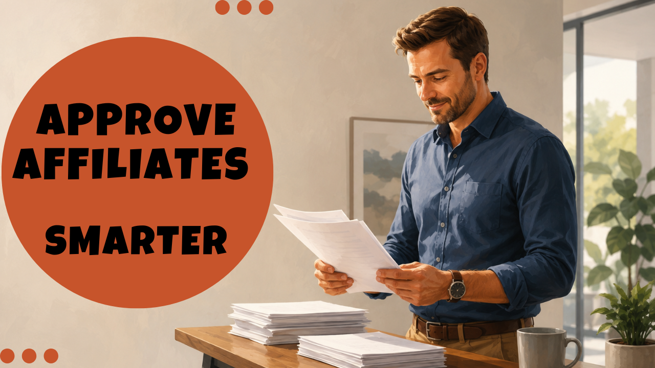 Business owner at a standing desk reviewing a stack of printed affiliate applications in a bright modern office, open negative space on the left side of the frame