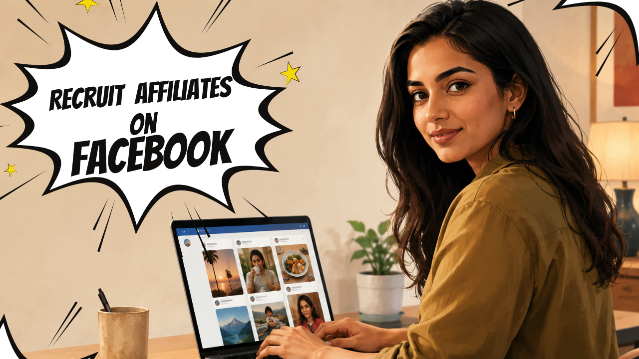 Affiliate manager searching for affiliates on Facebook on a laptop