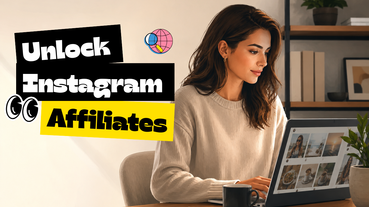 Affiliate manager reviewing Instagram creator profiles on a laptop, subject offset to the right with open space on the left