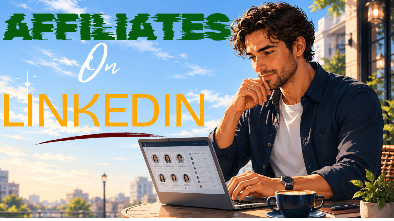 Affiliate manager using LinkedIn on a laptop at an outdoor cafe table to recruit professional affiliates