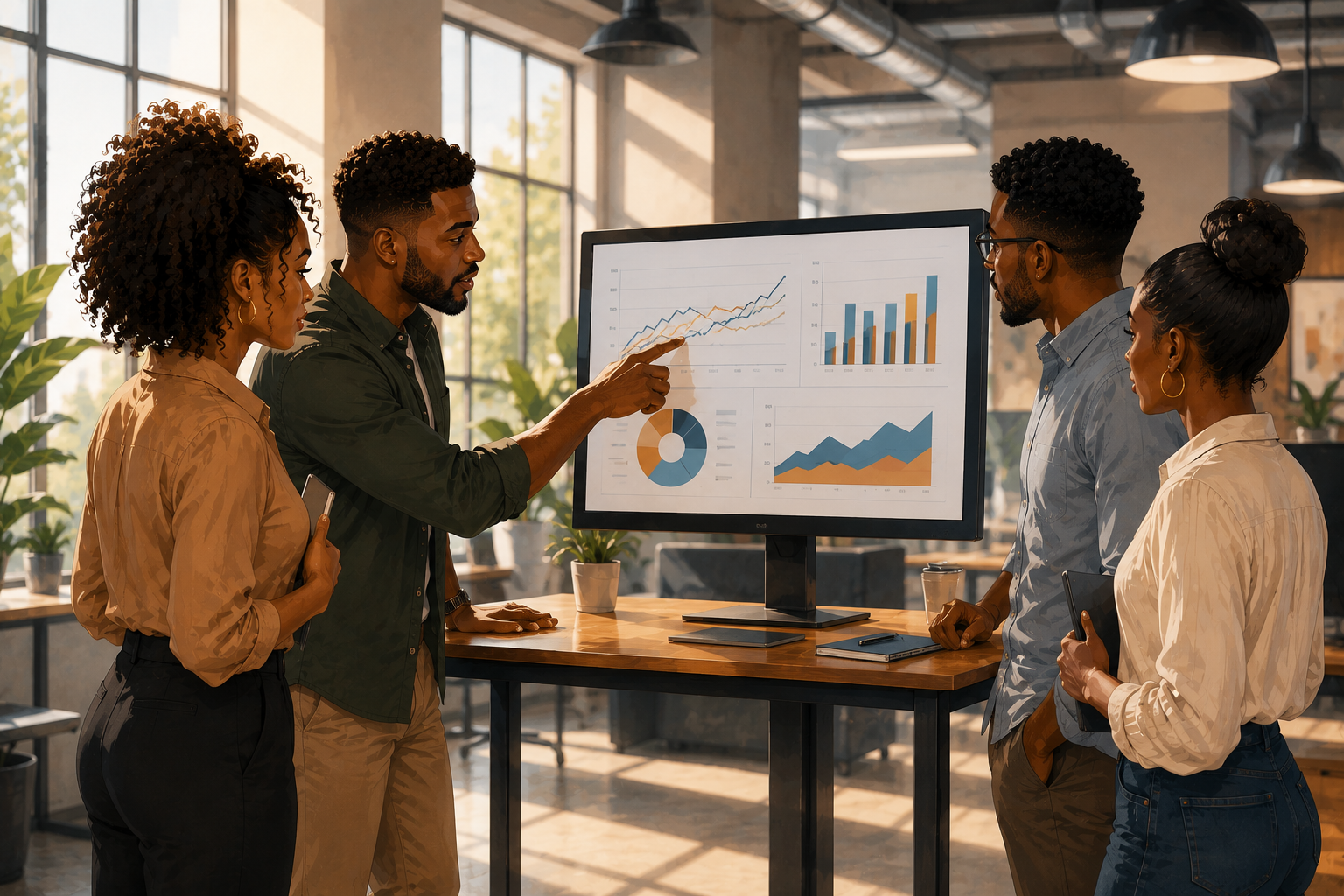Four people gathered around a central monitor in a bright office, one pointing at performance metrics on screen, collaborative energy