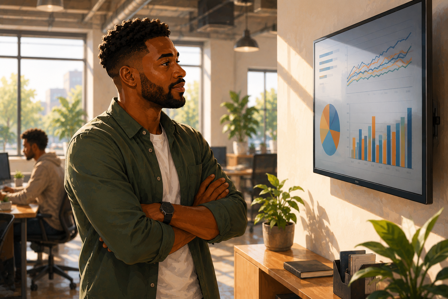 Affiliate manager standing at a standing desk reviewing a tablet, casual clothes, bright open-plan office behind them, relaxed but focused posture