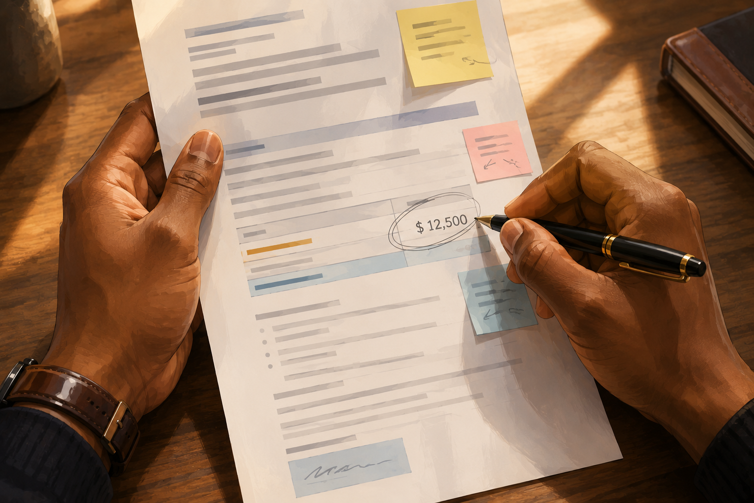 Close-up of hands reviewing a printed contract with margin notes and a pen
