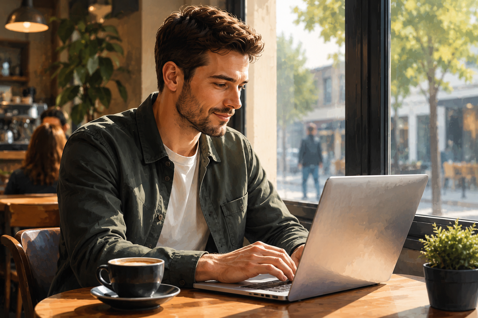 Person seated at a coffee shop table with a laptop open, scrolling through a website, coffee cup nearby, natural ambient light