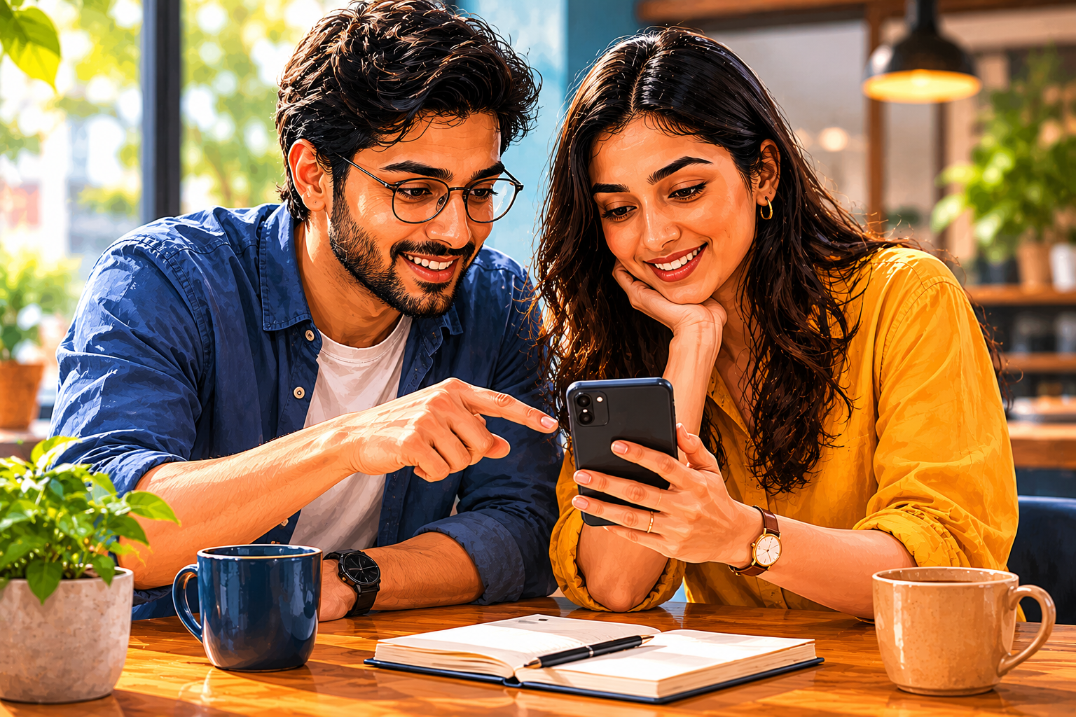 Two people examining a phone screen together, one pointing at comments, the other leaning in with interest