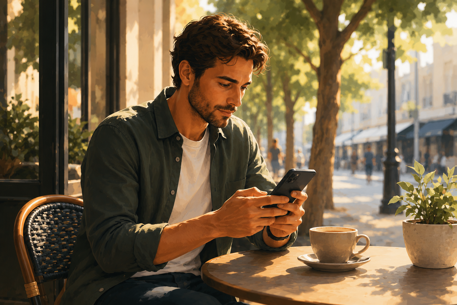 Person sitting outdoors at a cafe table, typing a message on their phone with a coffee cup nearby