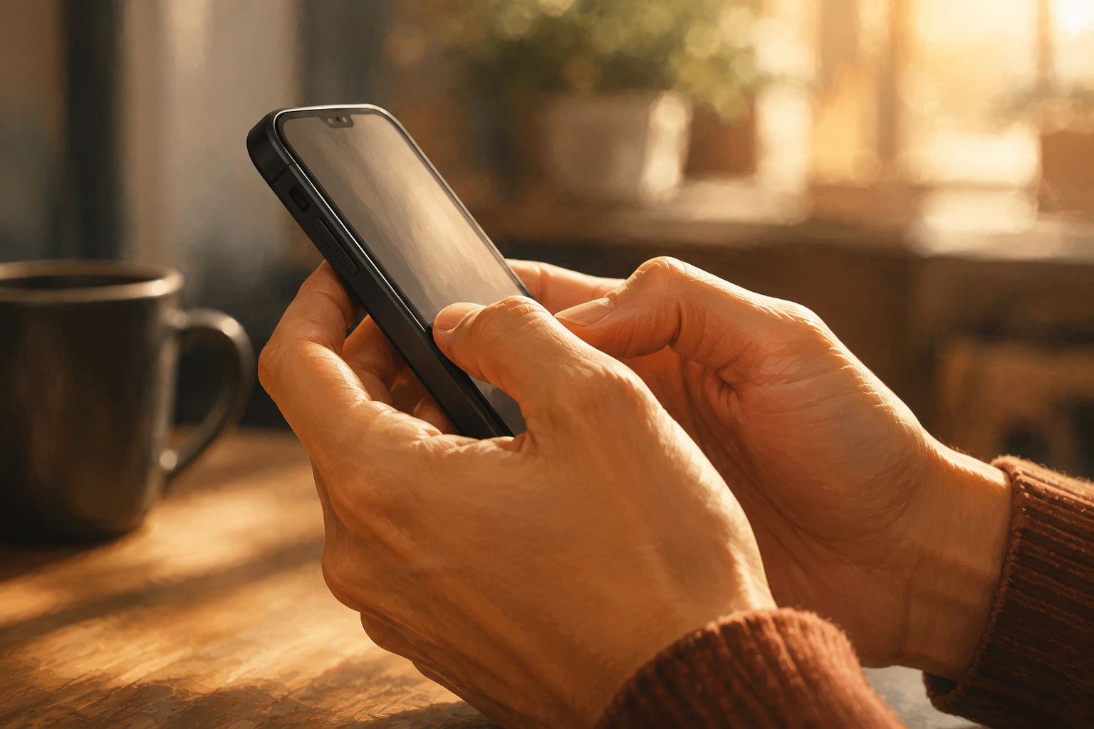 Close-up of hands holding a smartphone, composing a message