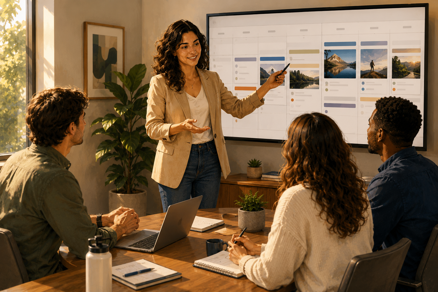 Person presenting on a large wall-mounted screen to a small group of colleagues seated around a conference table, visible charts on screen being discussed