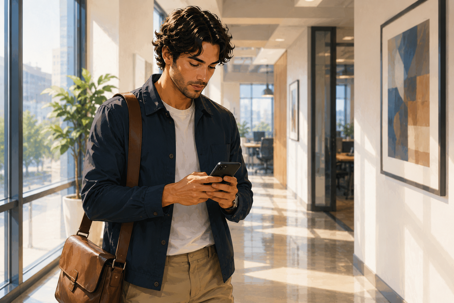 Person standing in a bright office hallway composing a message on their phone, backpack over one shoulder, natural light from windows behind them