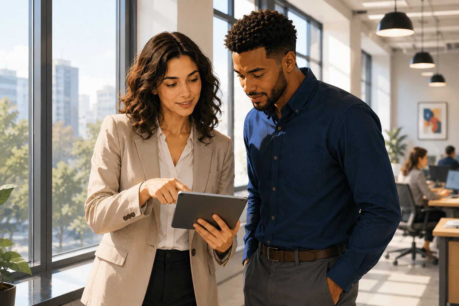 Two professionals reviewing a LinkedIn profile on a tablet together while standing near a large office window in afternoon light
