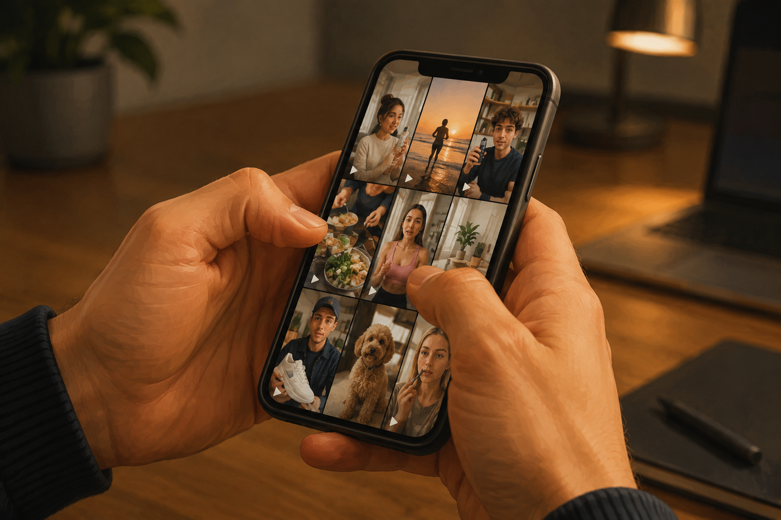 Close-up of hands scrolling through a phone showing TikTok creator profiles with product review content