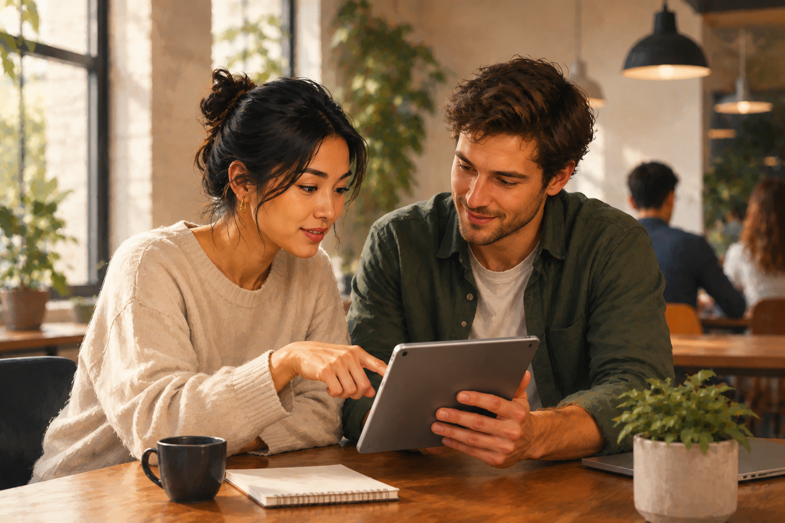 Two people reviewing requirements checklist together on a tablet in a casual workspace setting