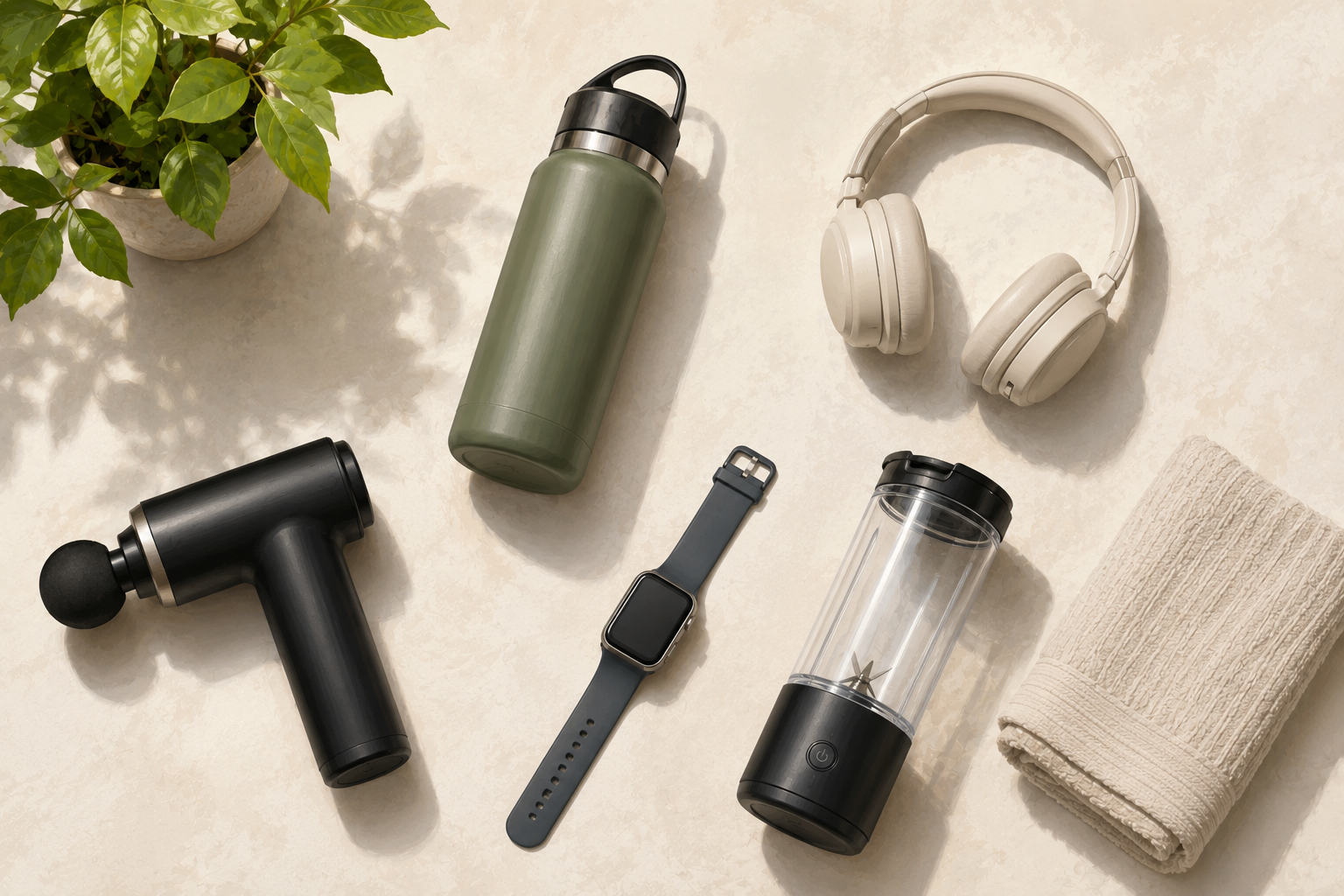 Group of everyday consumer products arranged on a clean surface - kitchen gadget, fitness accessory, home item - photographed from above