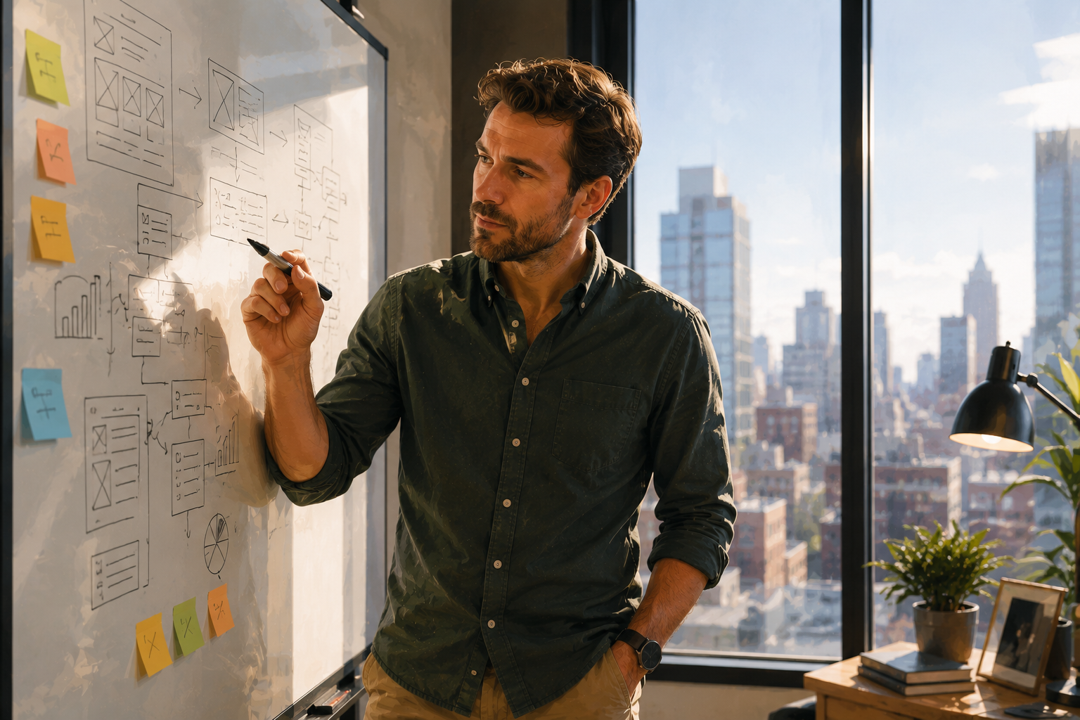 Business owner standing at a tall whiteboard covered in notes, marker in hand, office window behind them with city view