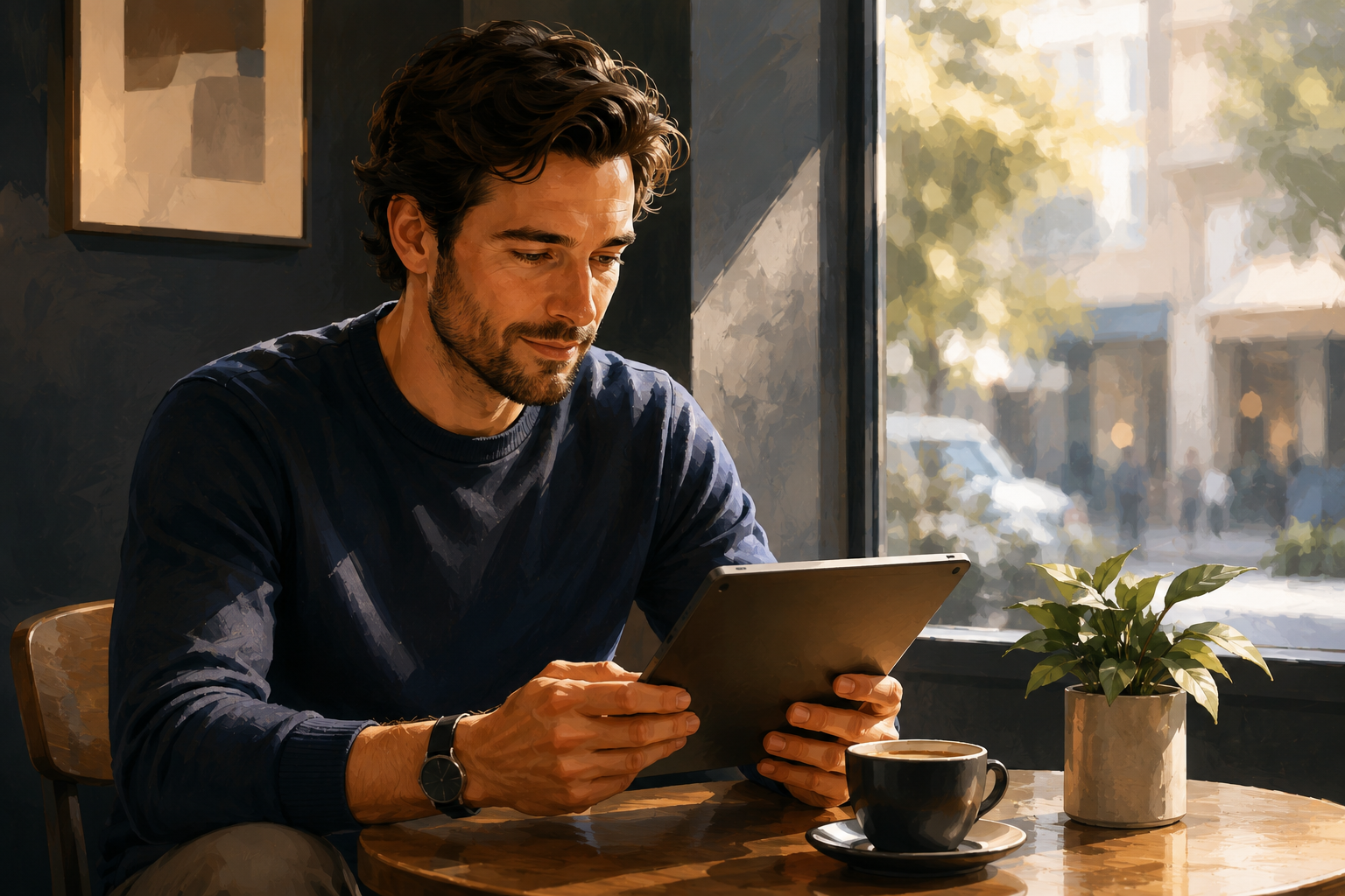 Person sitting at a cafe table reading articles on a tablet, coffee nearby, natural window light behind them