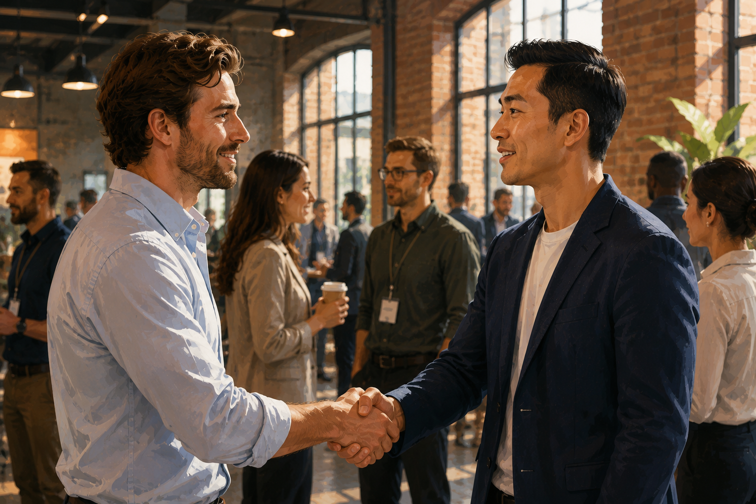 Two tech founders shaking hands at a networking event, other attendees visible in the background, modern venue
