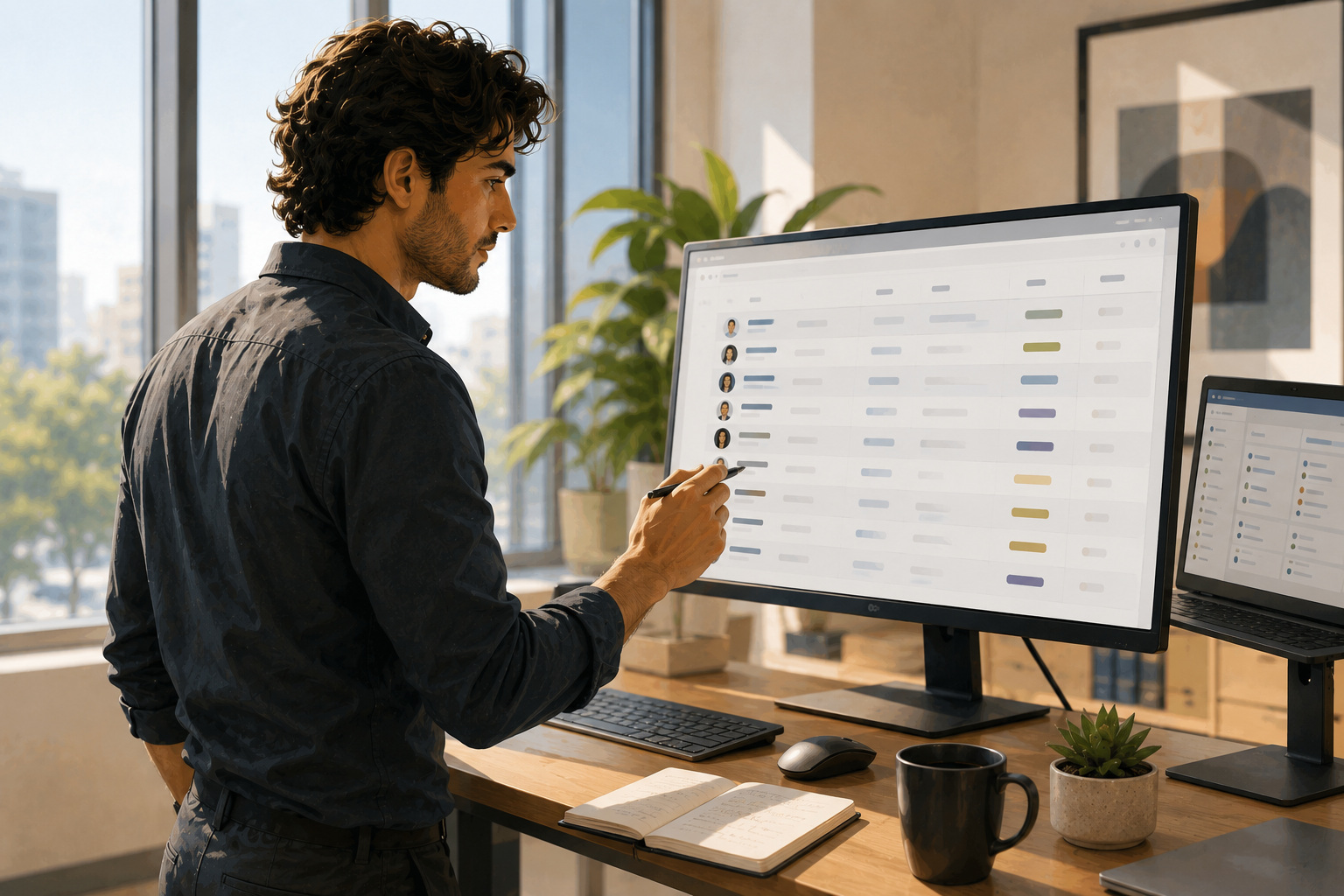 Affiliate manager at a standing desk reviewing a CRM prospect list on a large monitor, organized spreadsheet visible on screen, bright modern office