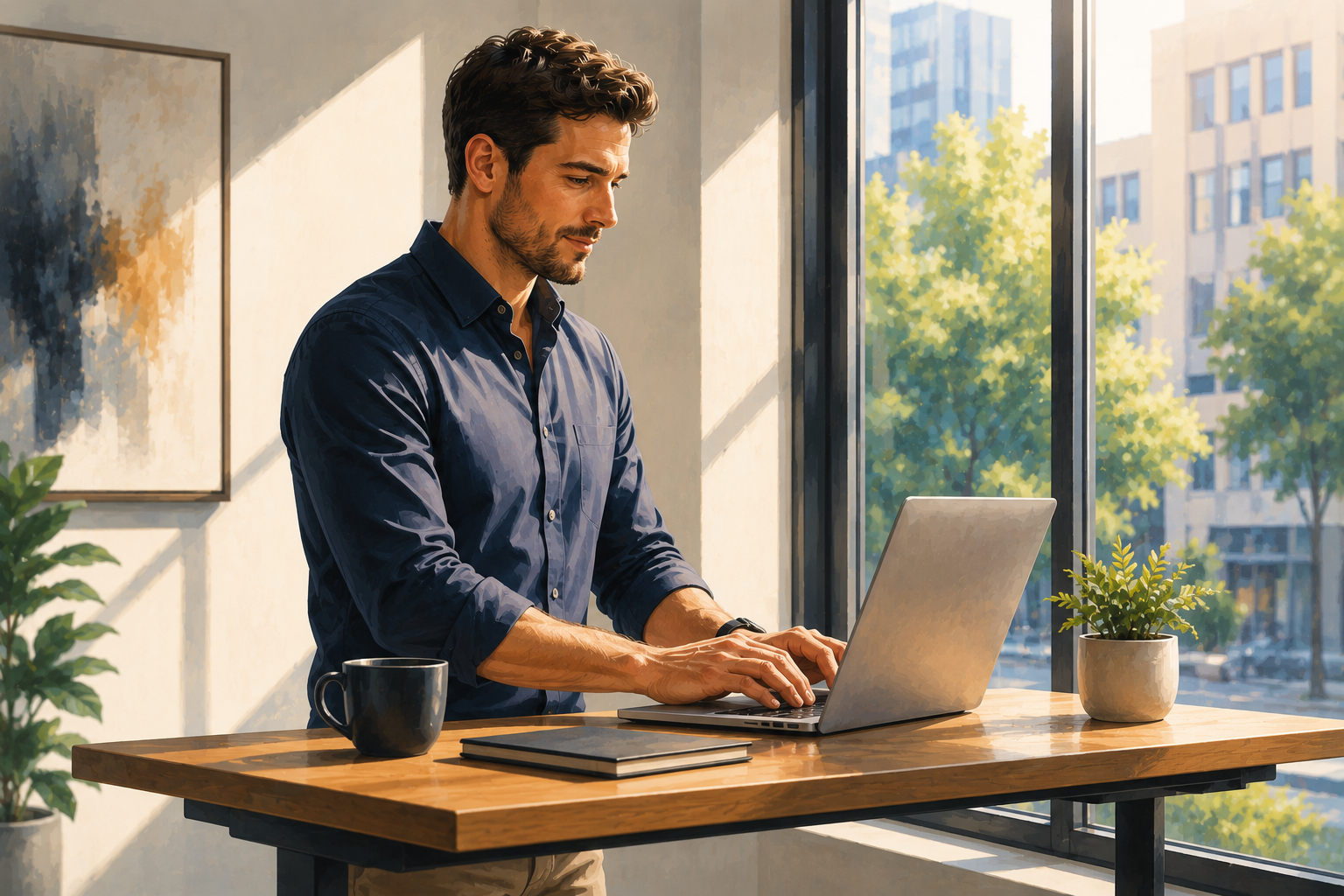 Person typing on a laptop at a standing desk near a window, focused expression, afternoon sunlight, minimal desk setup