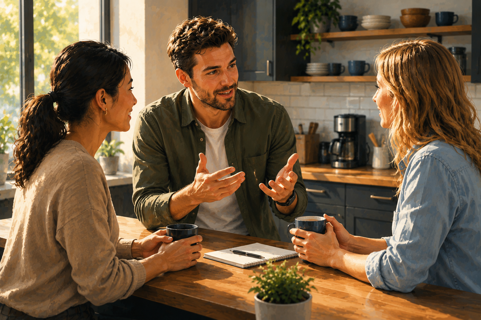 Group of three colleagues in an office kitchen having an animated discussion, one gesturing expressively, others listening, casual setting